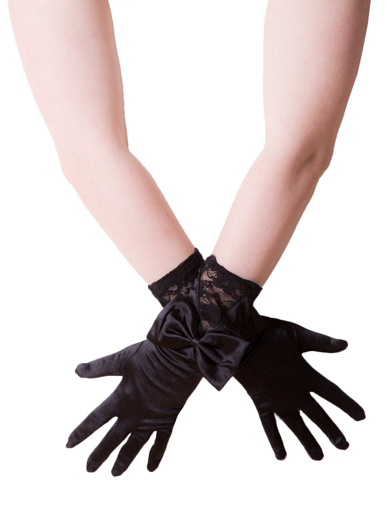 Skin Two UK Black Satin Glove With Lace Inset And Bow - One Size Gloves