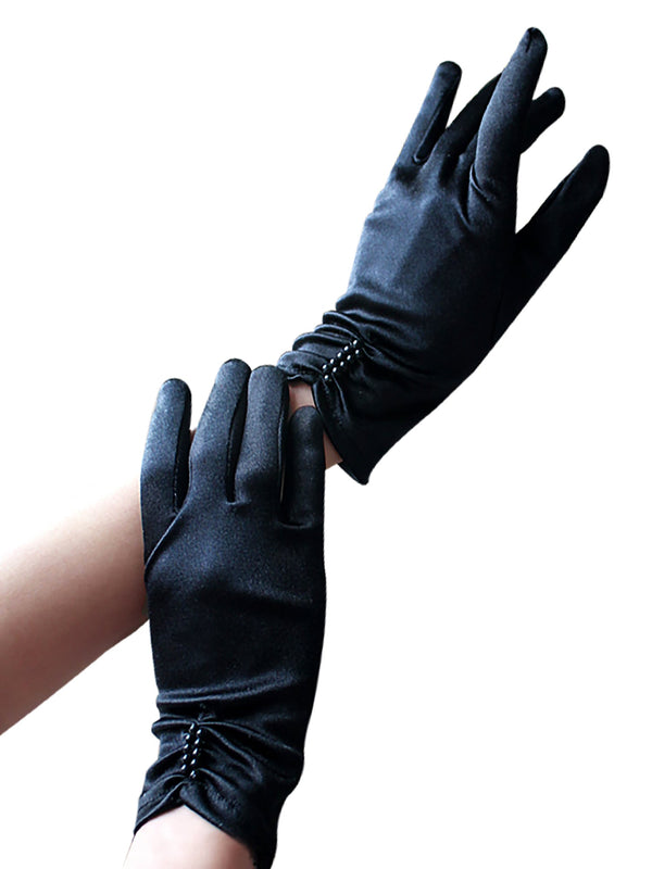 Skin Two UK Black Satin Wrist Gloves With Pearls - One Size Gloves