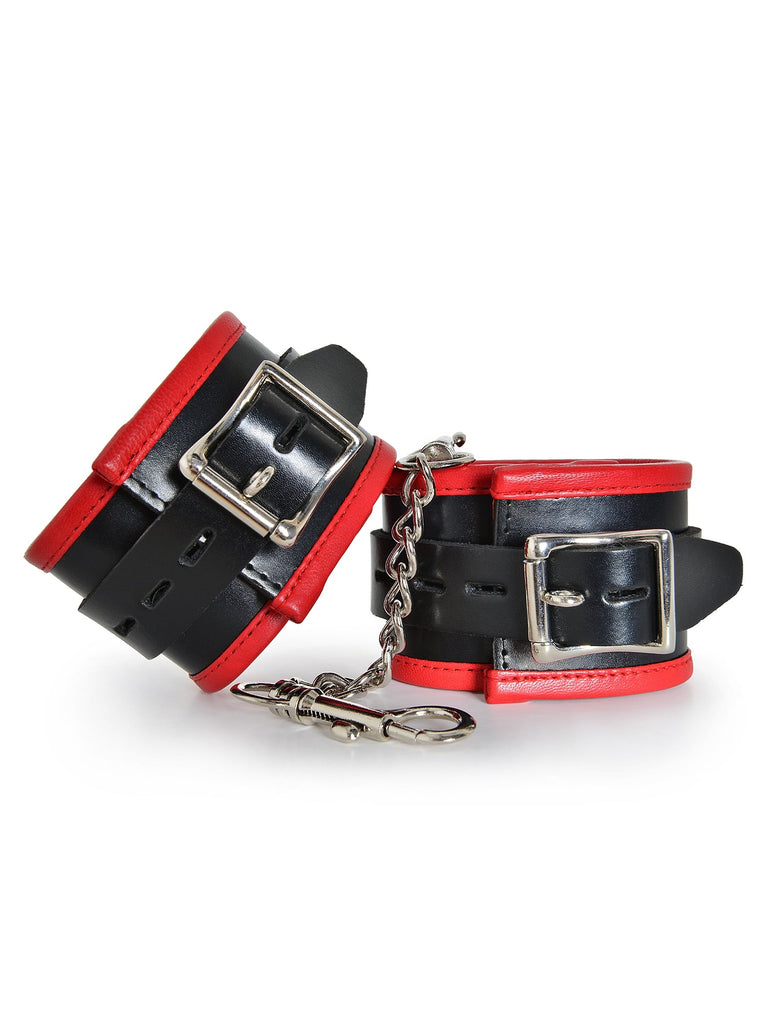 Skin Two UK Black & Red Leather Deluxe Padded Wrist Cuffs Cuffs