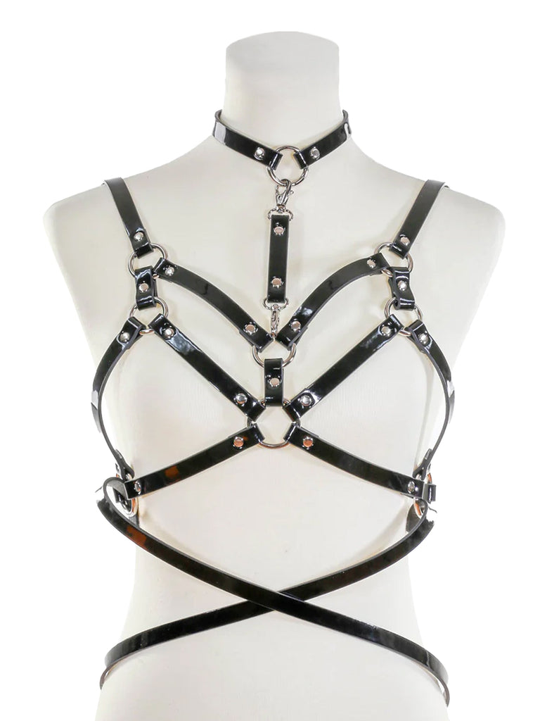 Double Strapped Bra Harness with Belt and Collar - Silver