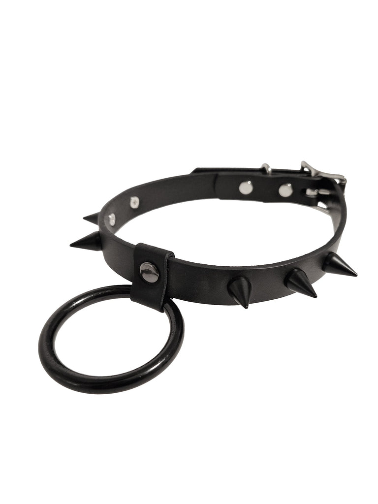 6 Spike Collar With 2 Inch O Ring - Black & Silver