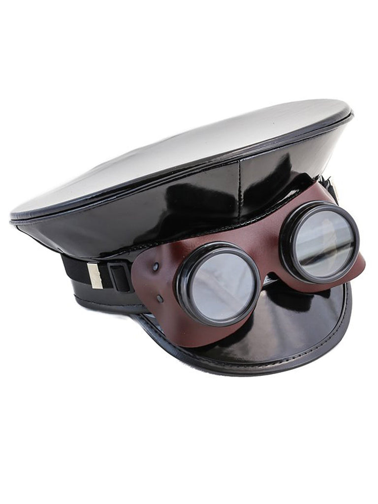 Skin Two UK Patent Police Hat with Leather Goggles - One Size Headwear