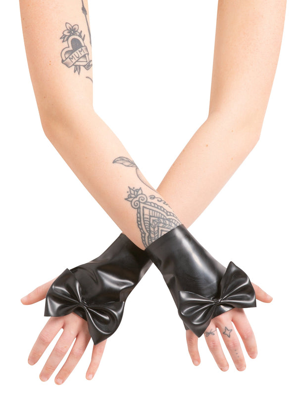 Skin Two UK Latex Wrist Gauntlets with Bow in Black Gloves